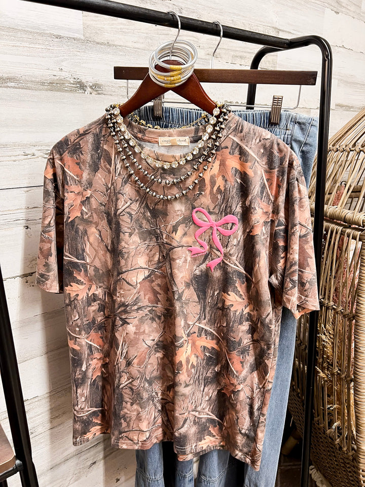 Simply Southern | Southern Belle Front &amp; Back Pink Bow Short Sleeve Graphic T-Shirt in Camouflage