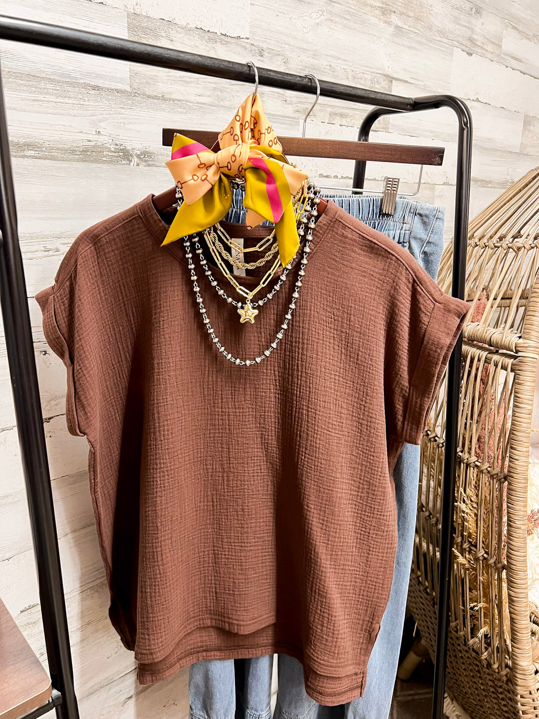 Always Appropriate Short Sleeve Linen Top with Rolled Sleeve Detail in Chocolate Brown