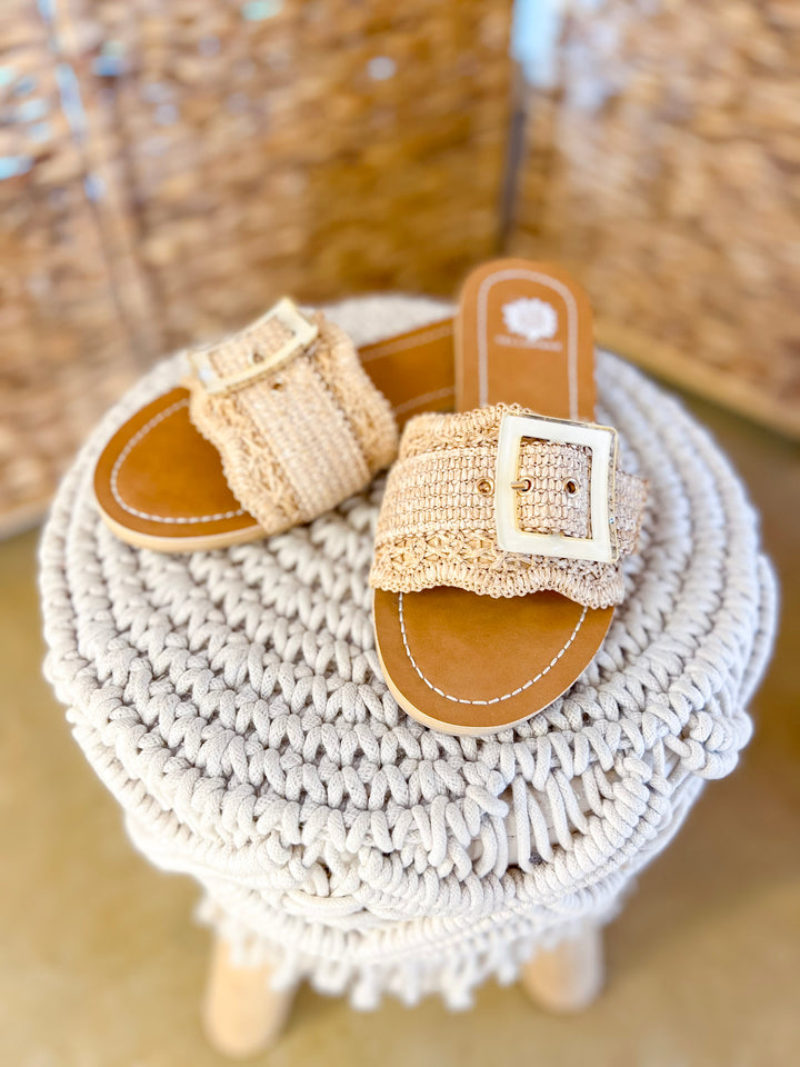 Yellow Box | Hamlyn Raffia Buckle Slide Sandals in Natural