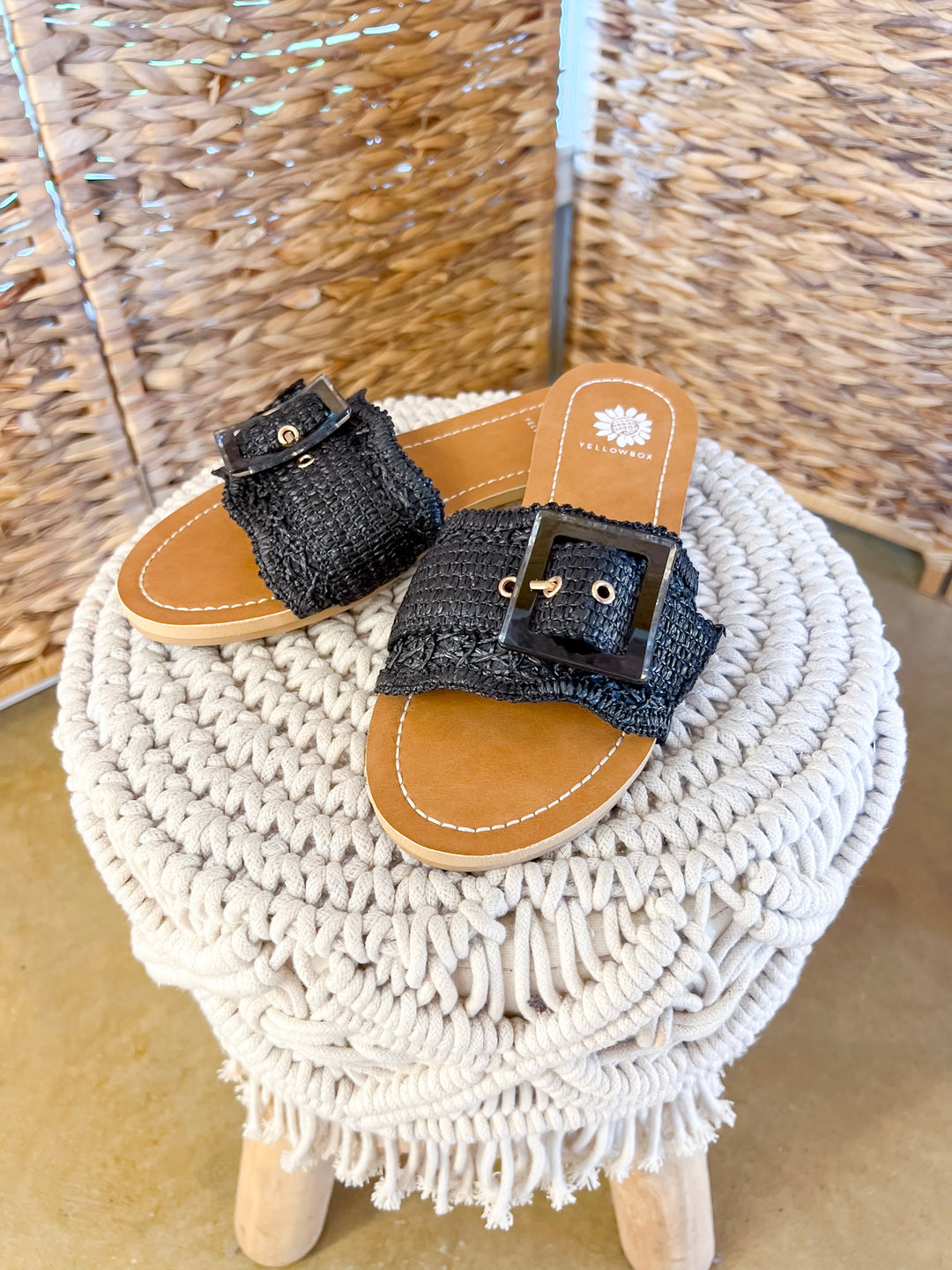 Yellow Box | Hamlyn Raffia Buckle Slide Sandals in Black