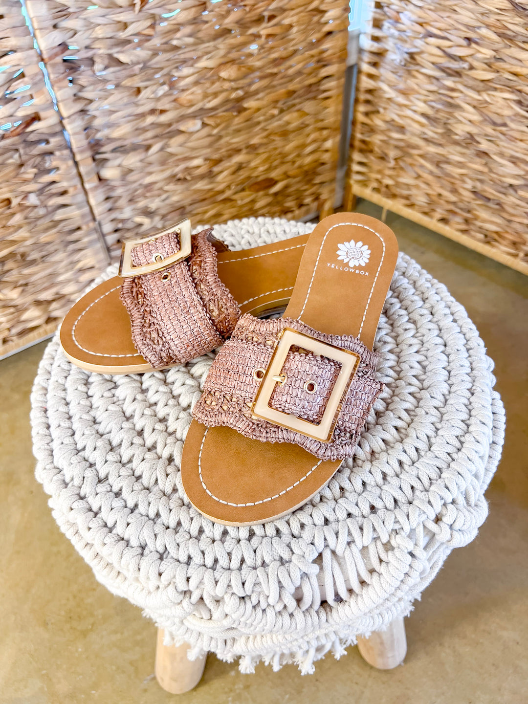 Yellow Box | Hamlyn Raffia Buckle Slide Sandals in Tan