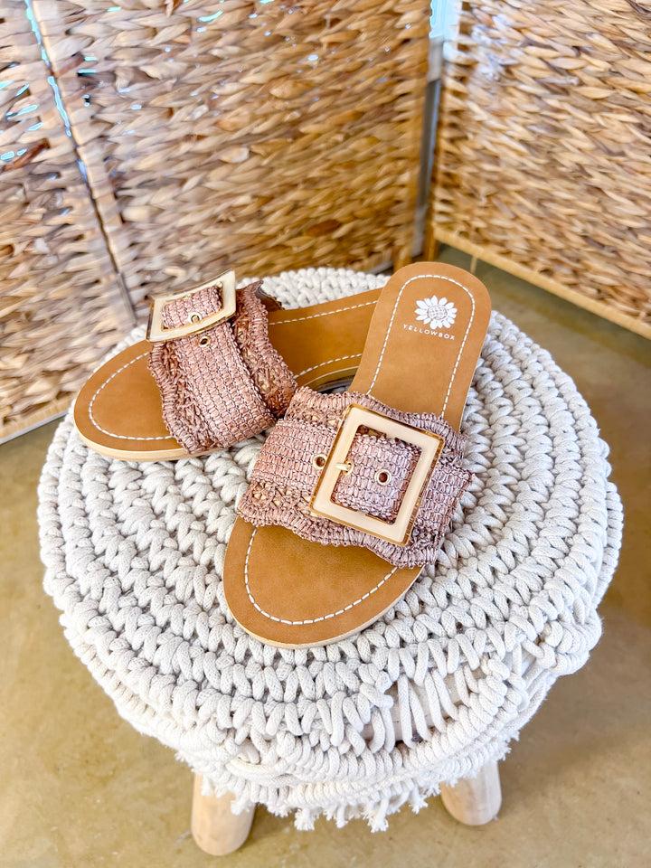 Yellow Box | Hamlyn Raffia Buckle Slide Sandals in Tan