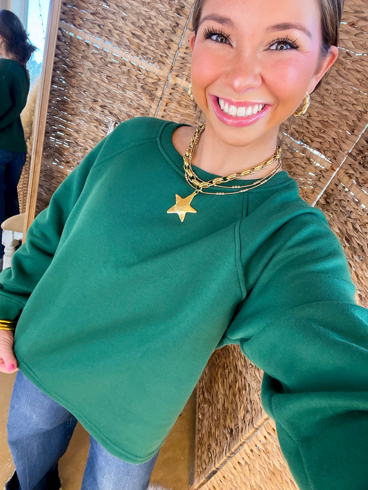 Relaxed and Refined Cropped Luxe Sweatshirt in Black, Kelly Green, and Forest Green