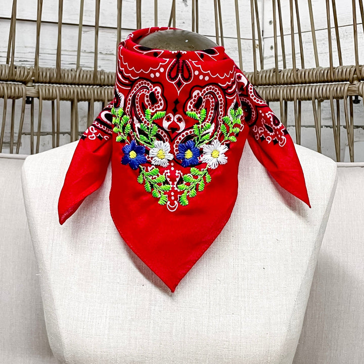 Floral Red White and Blue Embroidered Bandana in Red