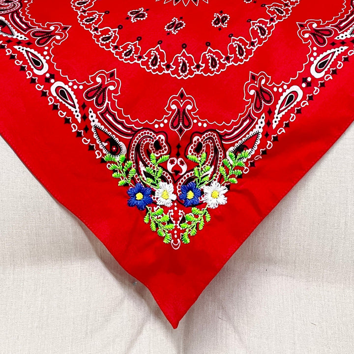 Floral Red White and Blue Embroidered Bandana in Red