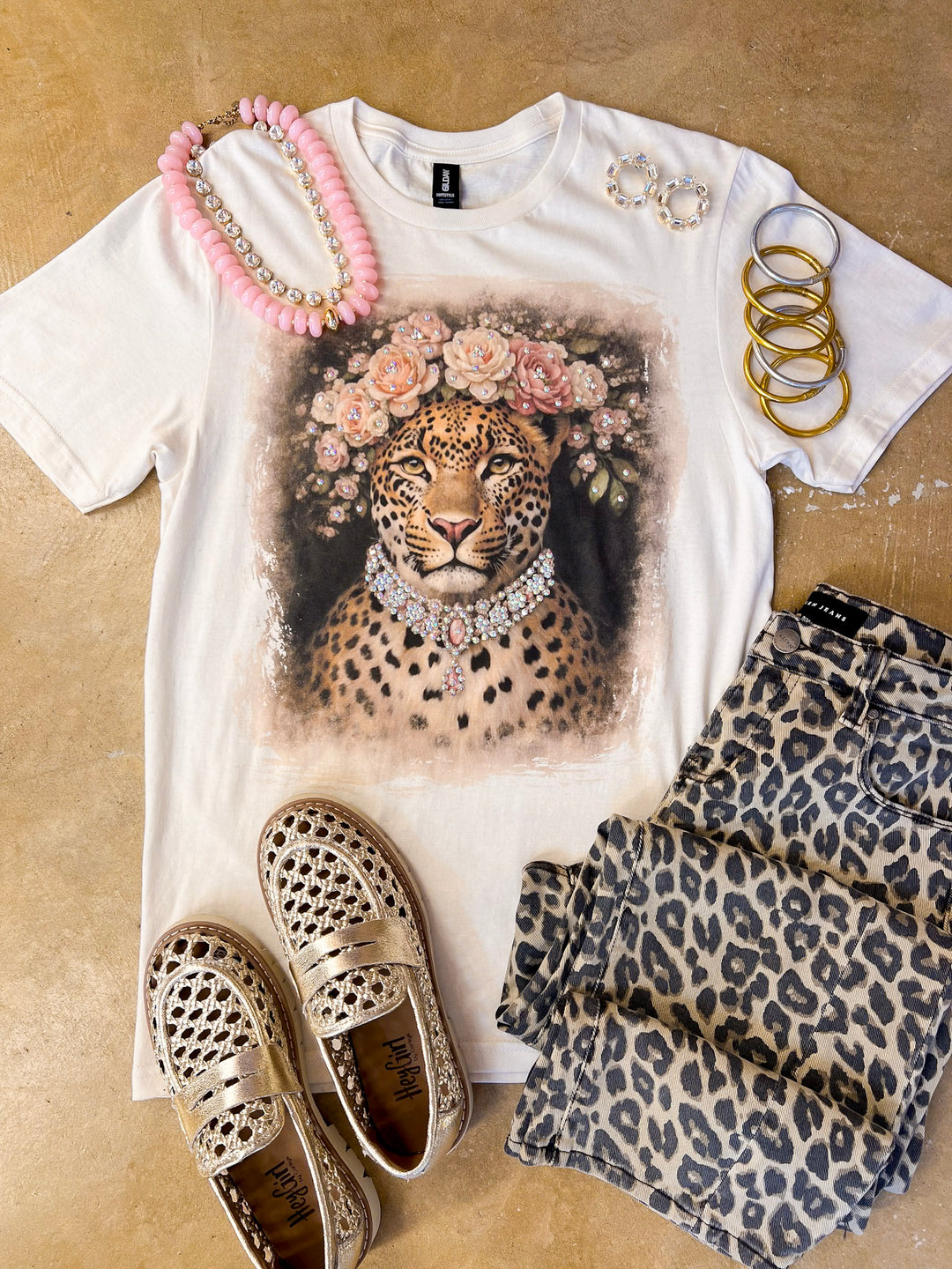 The Socialite Jeweled Printed Leopard with Floral Crown Short Sleeve Graphic Tee with Crystals in Cream