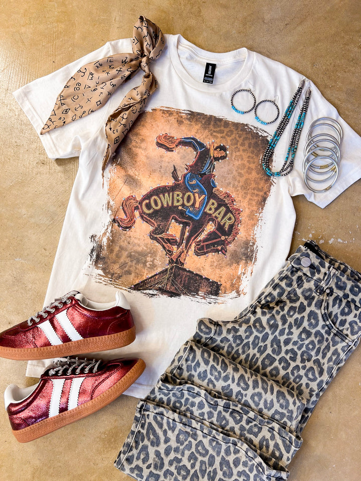 Cowboy Social Club Vintage Cowboy Bar Printed Short Sleeve Graphic Tee with Crystals in Cream