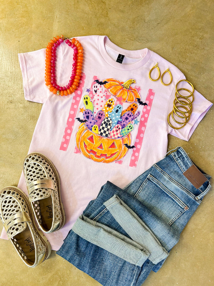 Pick of the Patch Colorful Ghost &amp; Jack-O’-Lantern Halloween Graphic Tee in Light Pink