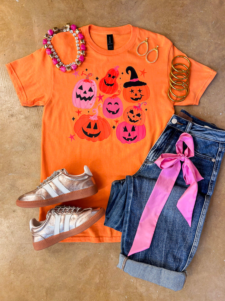 Up to No Gourd Pink &amp; Orange Jack-O’-Lantern Halloween Graphic Tee in Orange