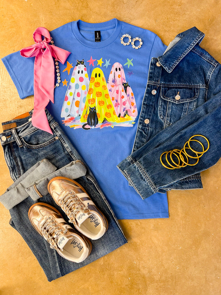 The Boo Crew Colorful Ghost Printed Halloween Graphic Tee in Periwinkle Blue