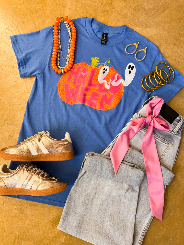 Boo Thing Colorful Leopard Print Pumpkin and Ghost Halloween Graphic Tee in Periwinkle Blue