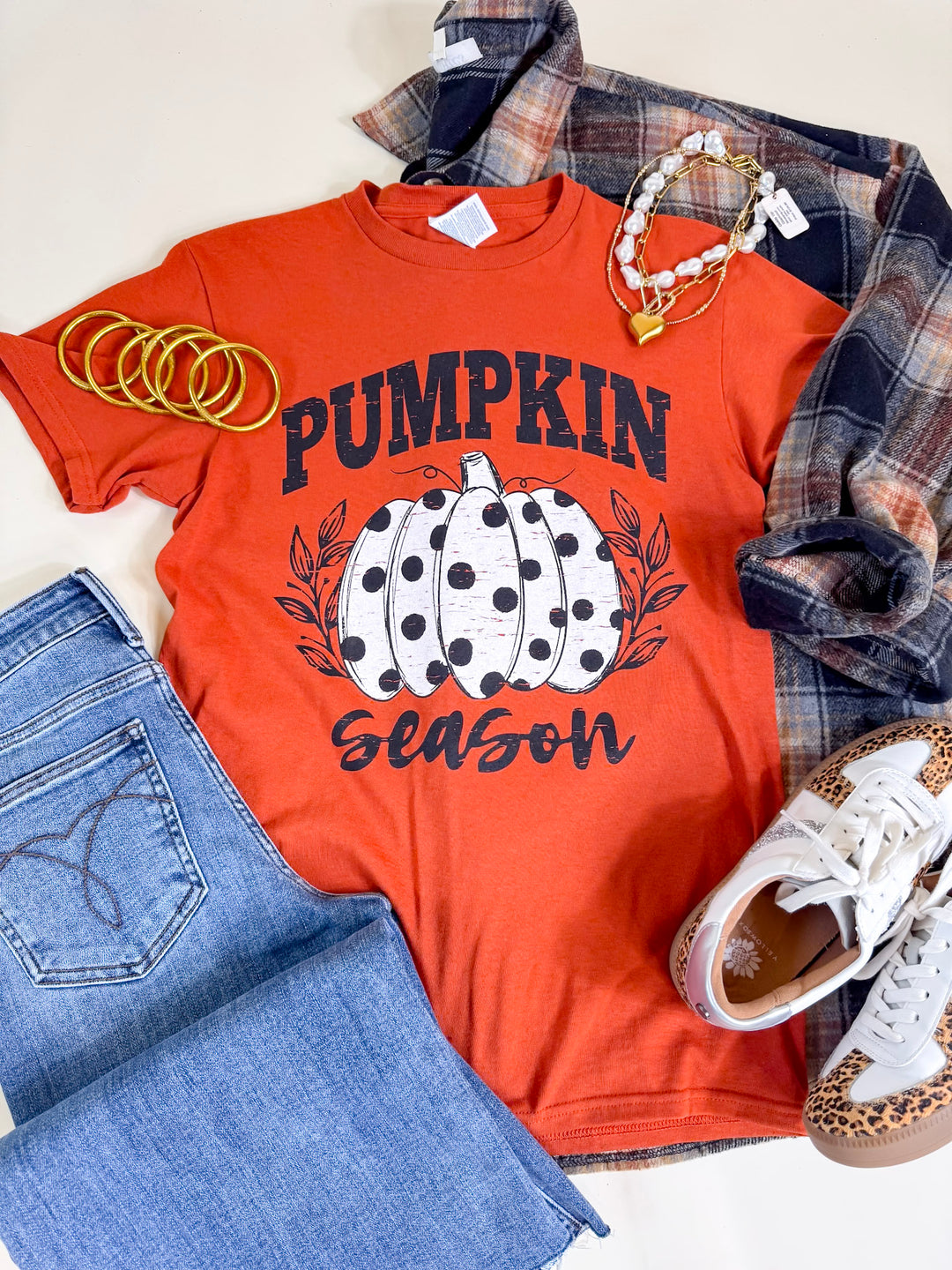 Polka Dot Pumpkin Season Short Sleeve Graphic Tee in Burnt Orange