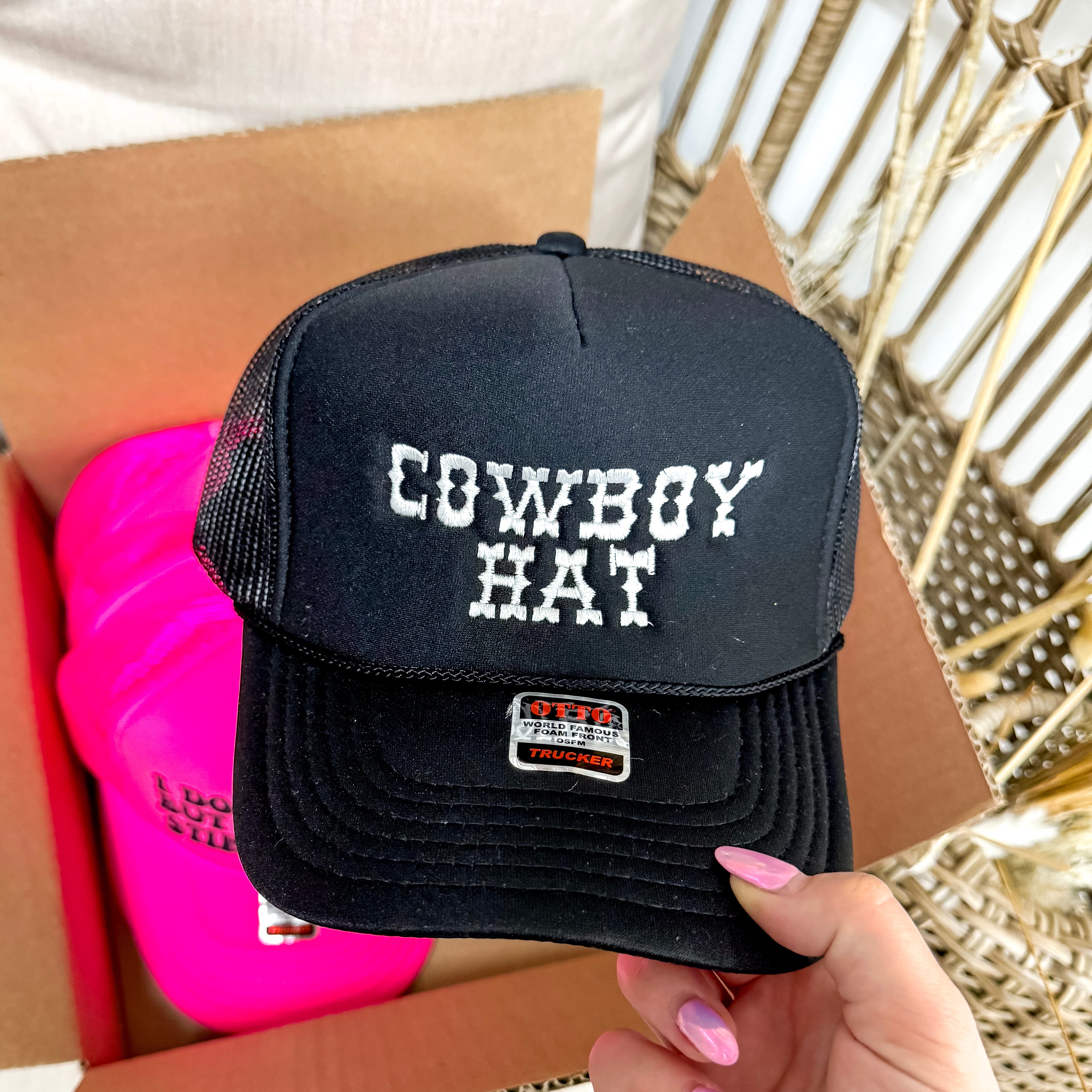 Cowboy Hat Foam Trucker Hat in White and Black