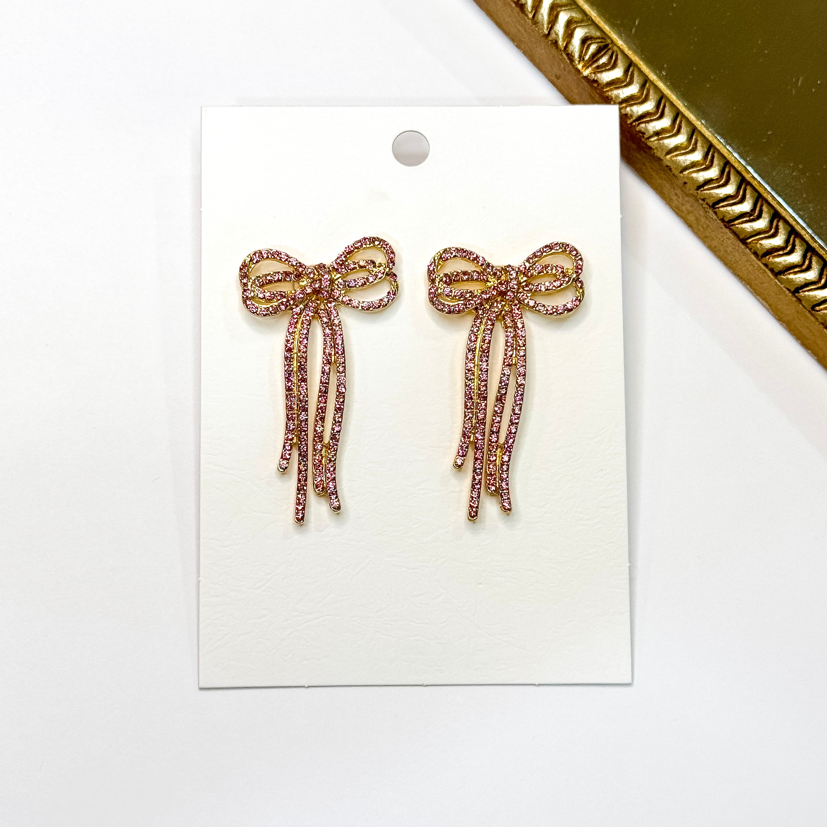 Radiant Ribbons Gold Tone Pink Rhinestone Bow Earrings