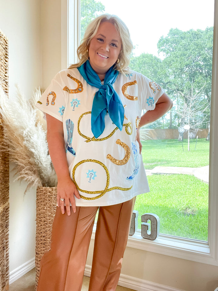 Queen Of Sparkles | Rope Me In Sequin Rope and Western Icon Top in White - Giddy Up Glamour Boutique