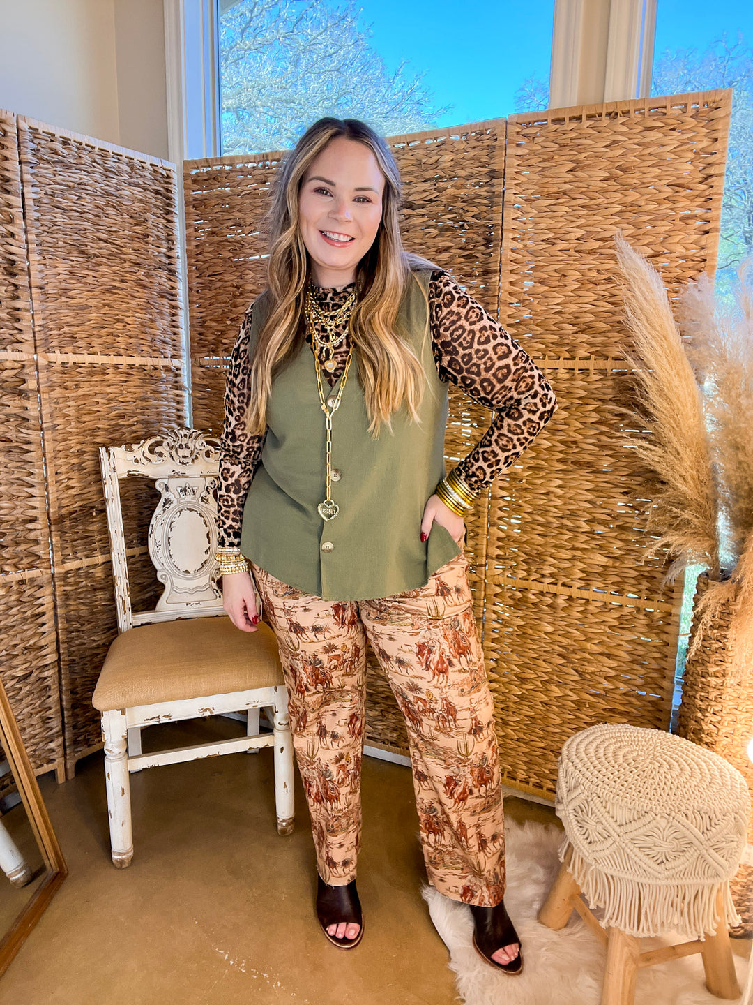 Story of the West Straight Leg Raw Hem Western Print Pants in Taupe Brown