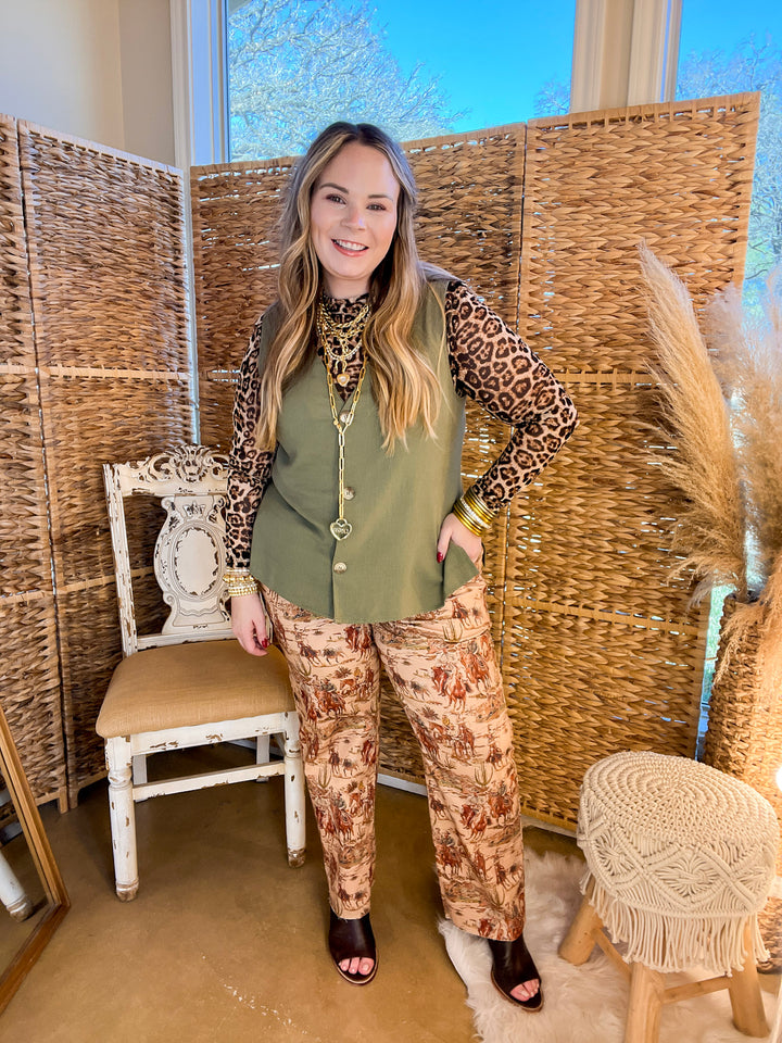 Story of the West Straight Leg Raw Hem Western Print Pants in Taupe Brown