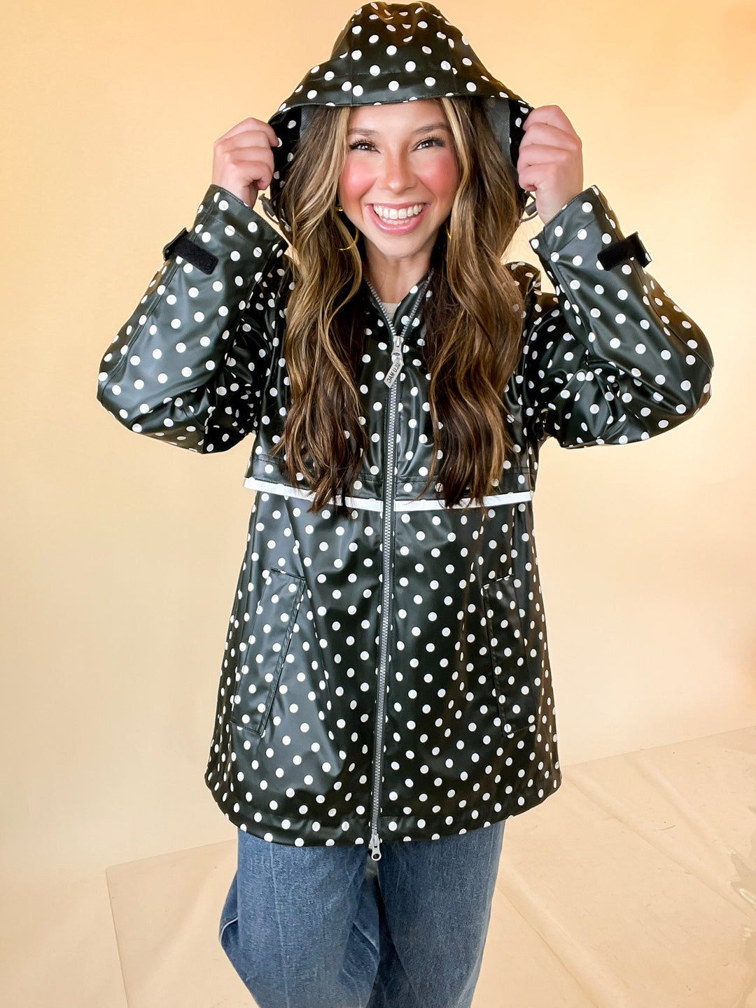 Lulu Mac | Chic Forecast Ivory Polka Dot Hooded Rain Jacket in Black