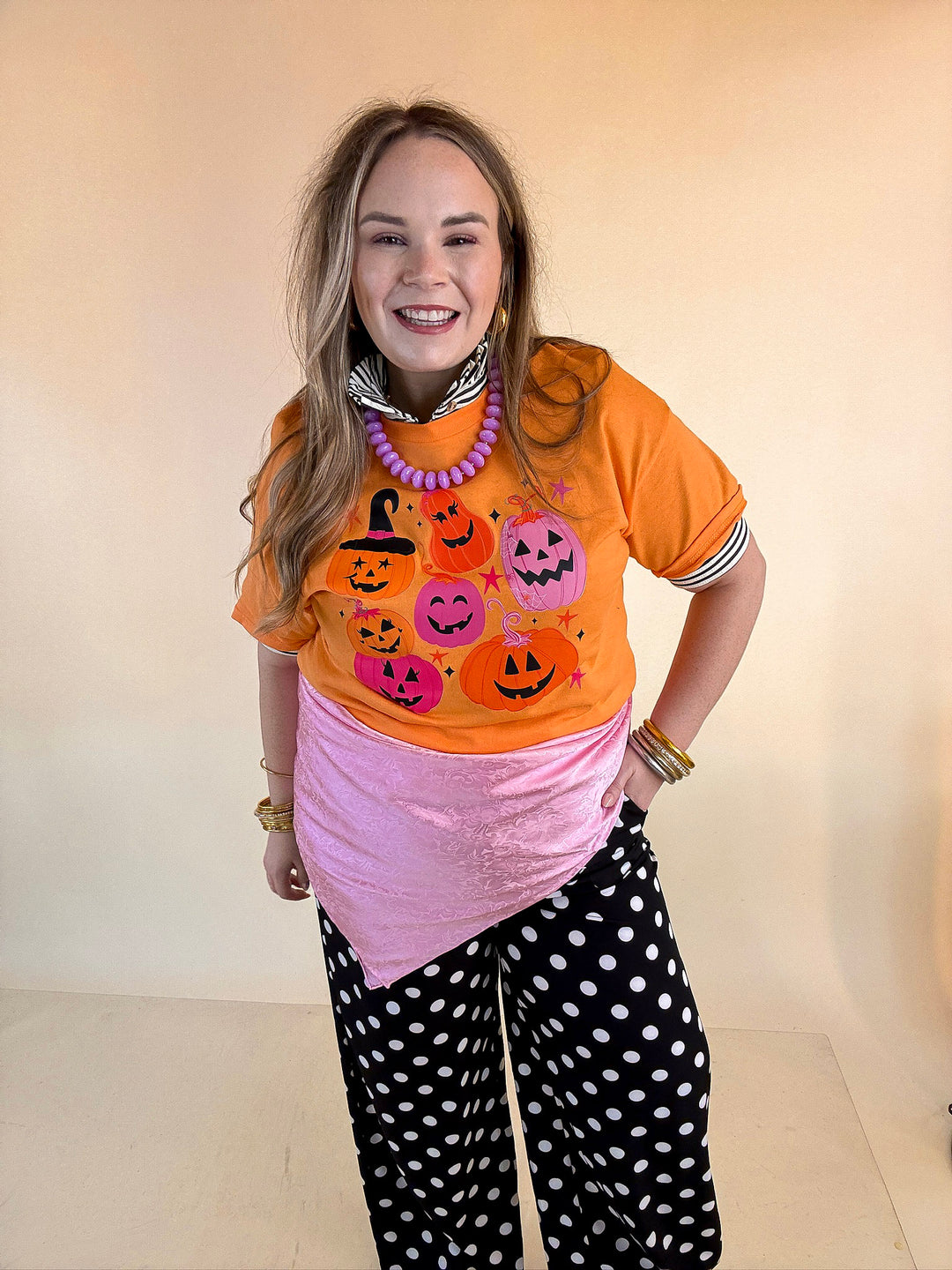Up to No Gourd Pink &amp; Orange Jack-O’-Lantern Halloween Graphic Tee in Orange