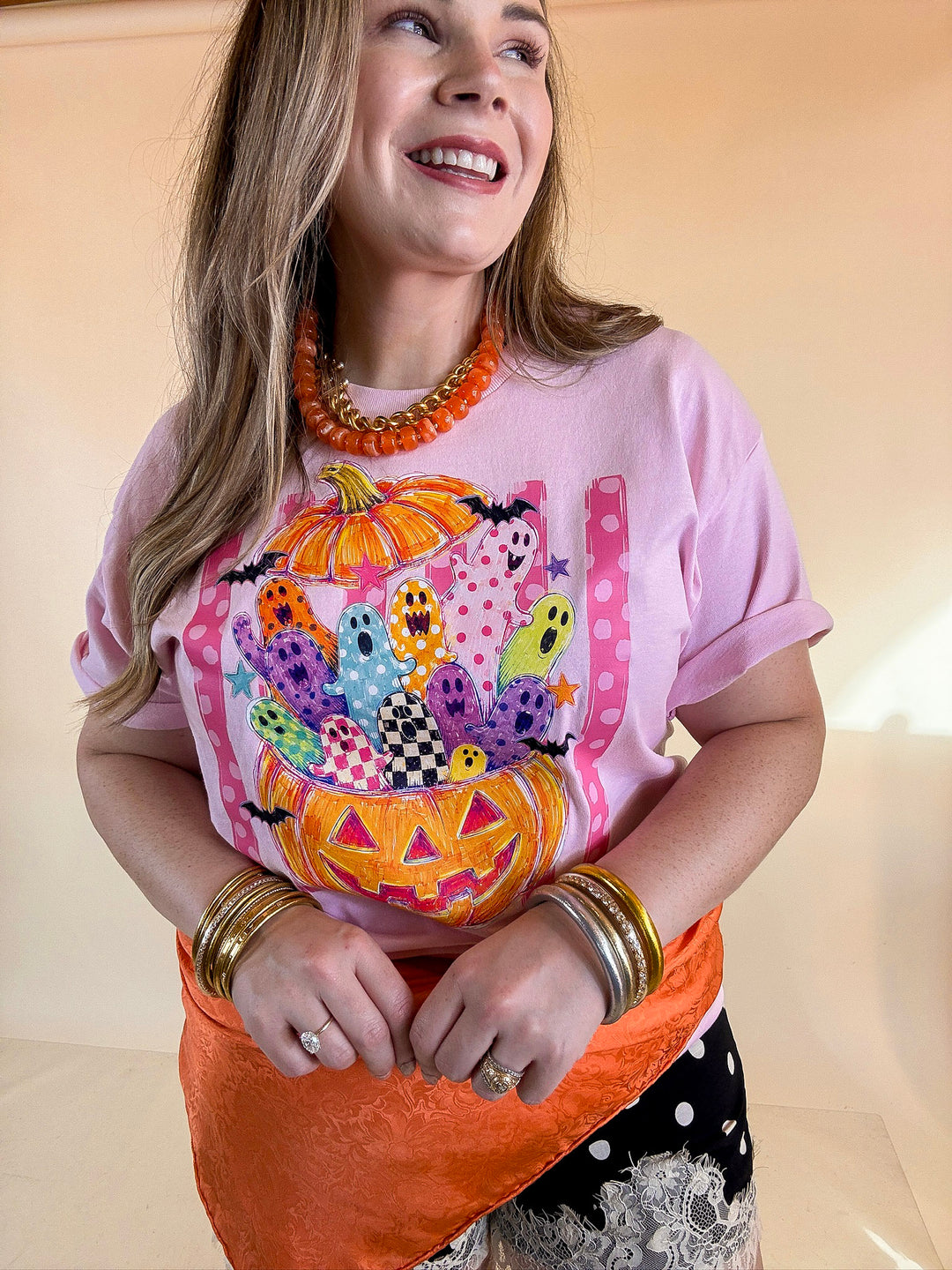 Pick of the Patch Colorful Ghost &amp; Jack-O’-Lantern Halloween Graphic Tee in Light Pink
