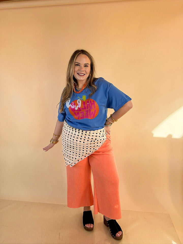 Boo Thing Colorful Leopard Print Pumpkin and Ghost Halloween Graphic Tee in Periwinkle Blue