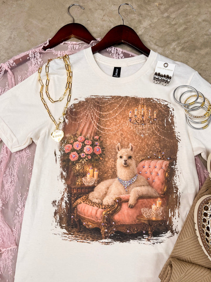 Lucy Lou Glam Pink Llama Short Sleeve Graphic Tee with Crystals in Cream