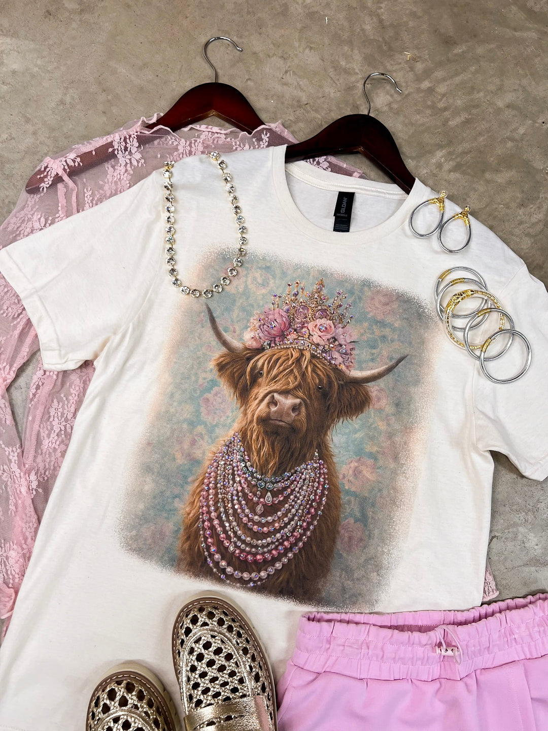 Highland Honey Glam Floral Crown Highland Print Short Sleeve Graphic Tee with Crystals in Cream