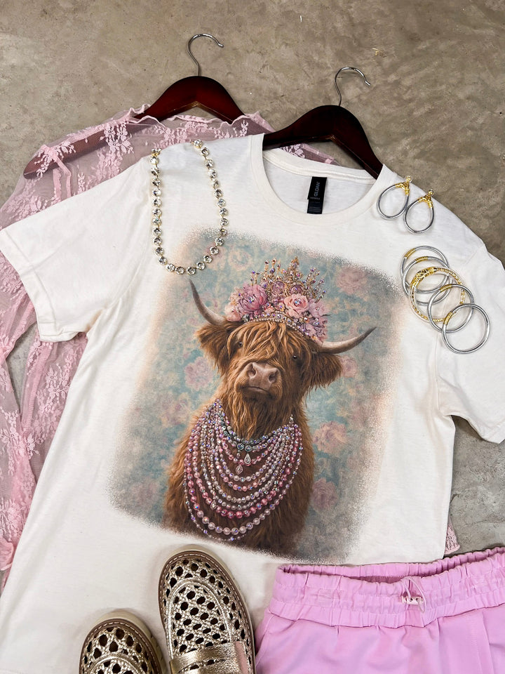 Highland Honey Glam Floral Crown Highland Print Short Sleeve Graphic Tee with Crystals in Cream