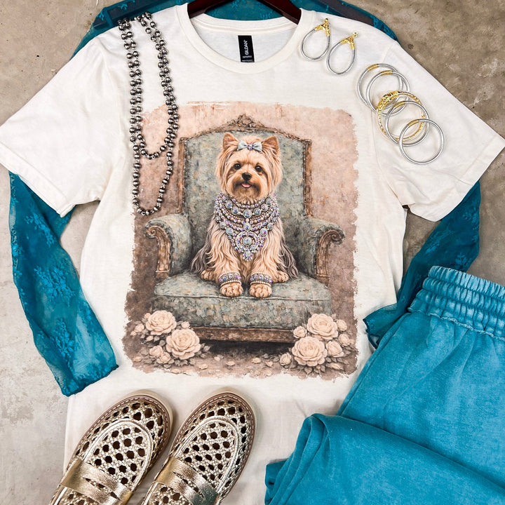 Prissy Penny Glam Turquoise Blue Yorkie Short Sleeve Graphic Tee with Crystals in Cream