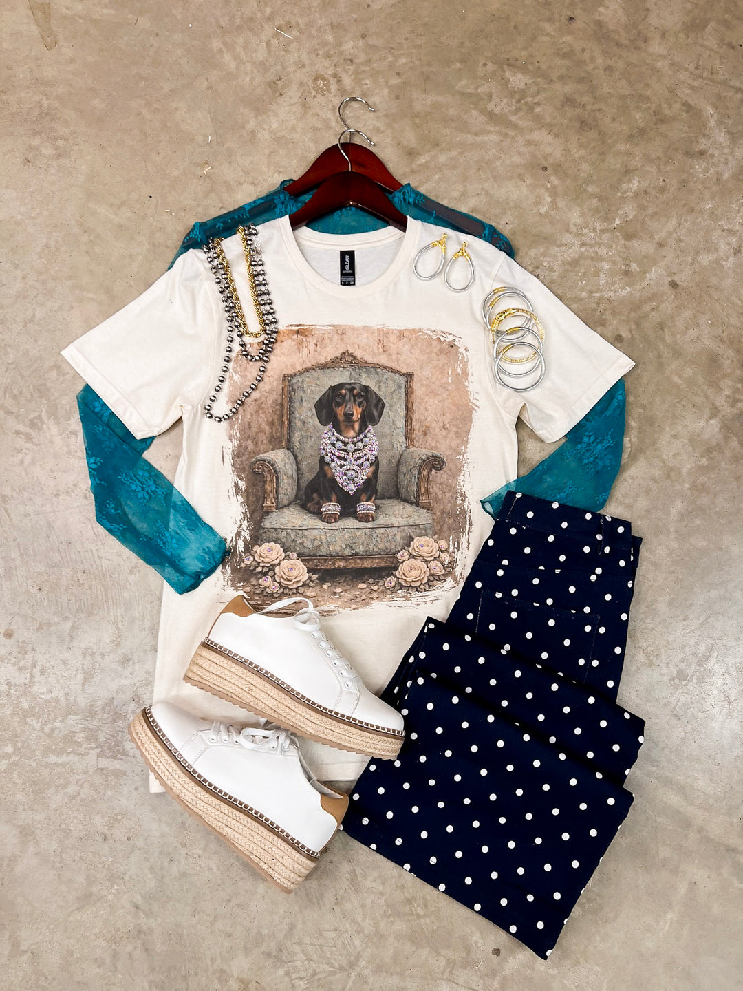 Duchess Desirae Glam Dachshund Dog Printed Short Sleeve Graphic Tee with Crystals in Cream