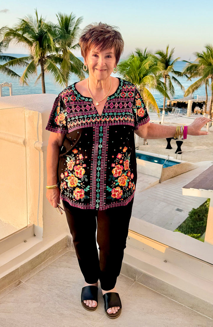 On The Blog Notched Neck Embroidered Top in Black