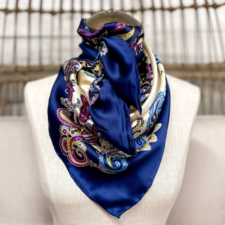 Wyoming Traders | Frenzy Charmeuse Silk Wild Rag Ivory and Navy