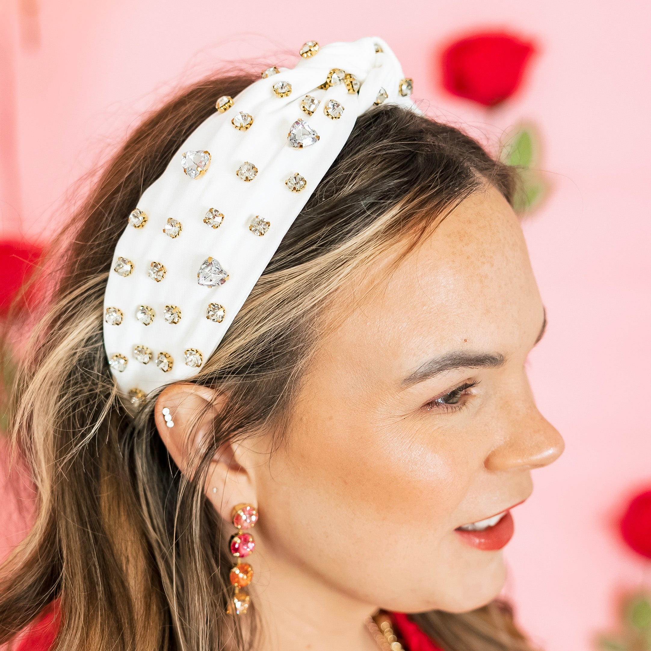 Heart Shaped and Round Crystal Detailed Knot Headband in White - Giddy Up Glamour Boutique