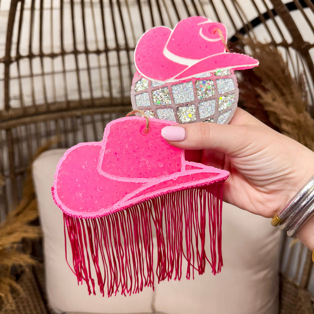 Cowgirl Fringe Pink Hat Car Freshie in Leather and Lace