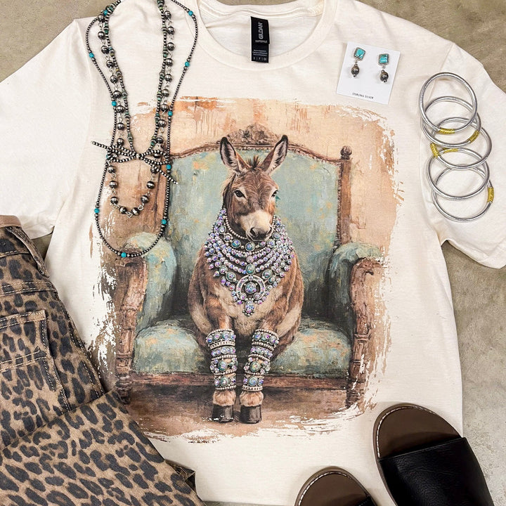 Turquoise Tilly Glam Turquoise Blue Donkey Short Sleeve Graphic Tee with Crystals in Cream