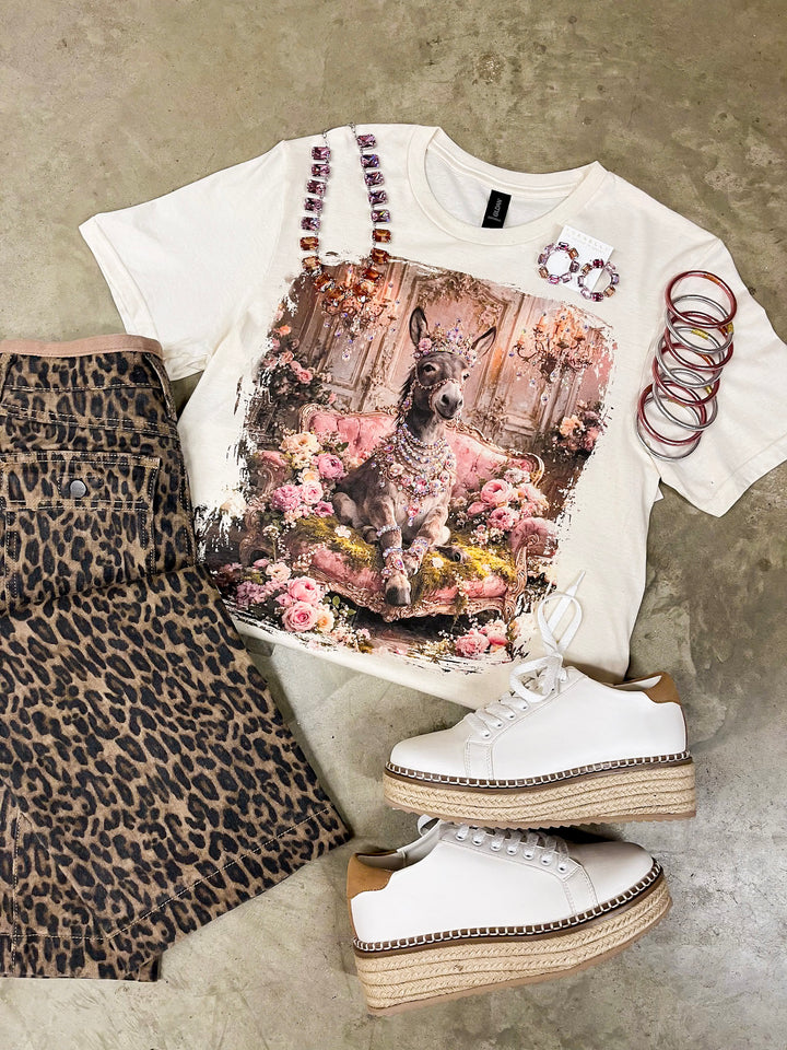 Queen Sassy Glam Pink Floral Donkey Short Sleeve Graphic Tee with Crystals in Cream
