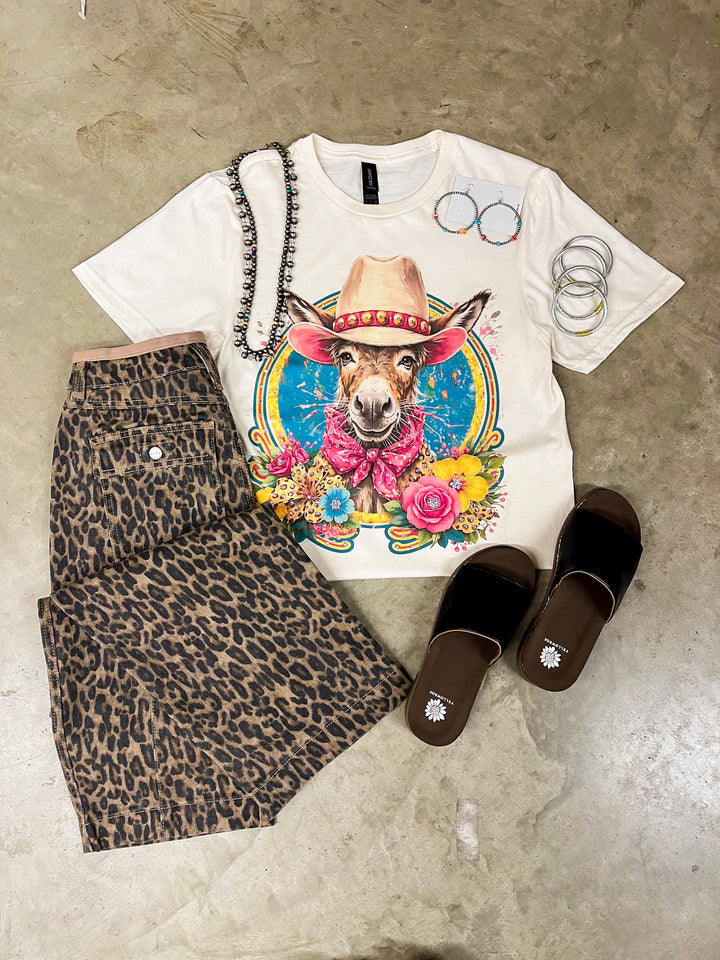 Sally Sue Western Colorful Donkey Short Sleeve Graphic Tee with Crystals in Cream