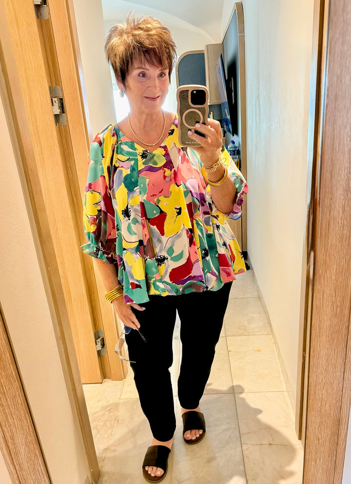 Blooming Love Floral V Neck Top with Half Sleeves in Green Mix