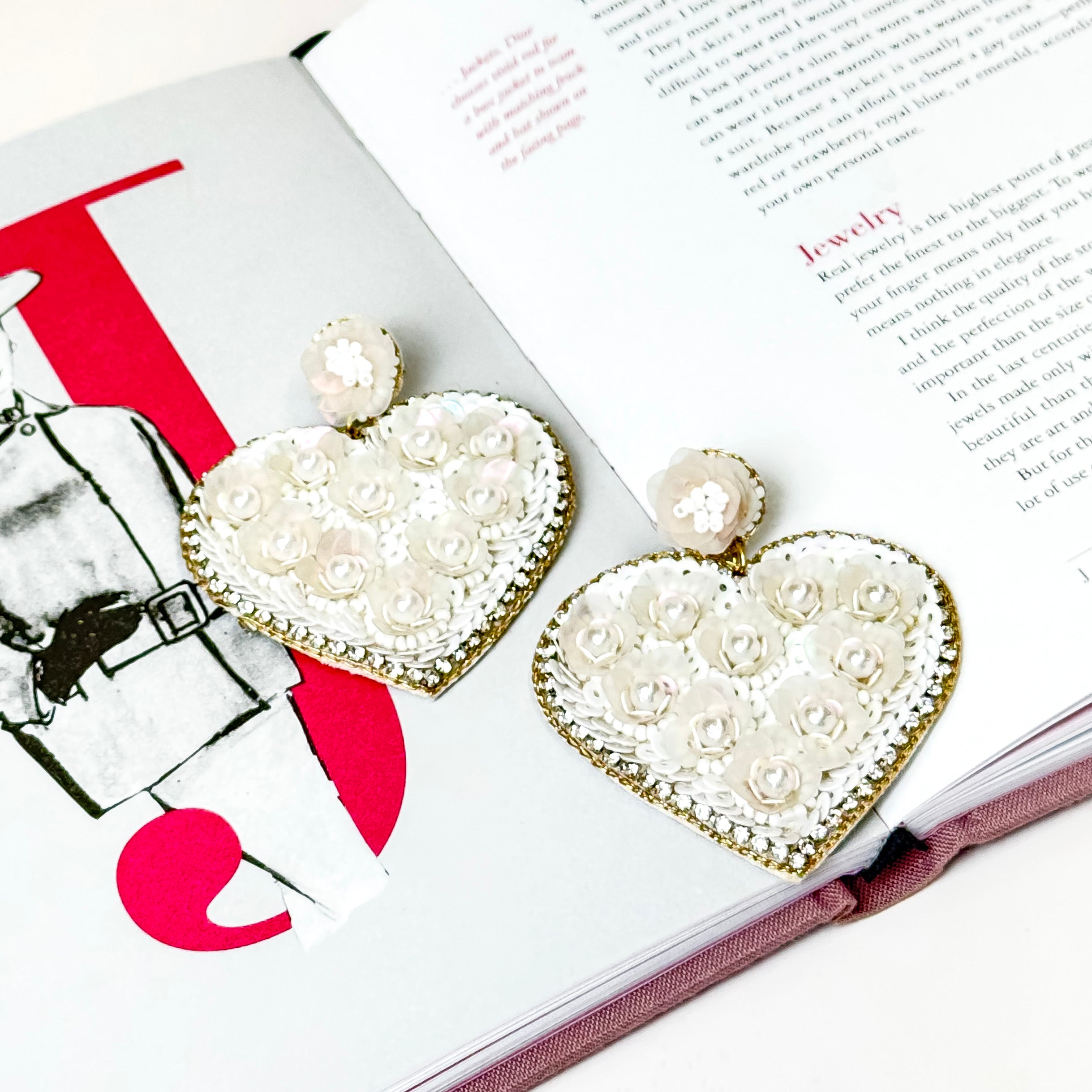 Flower Post Beaded Sequin Heart Shaped Floral Earrings with Pearl and Crystal Accents in White - Giddy Up Glamour Boutique