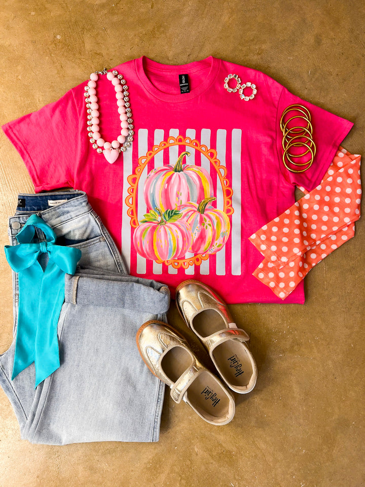 Fall in Full Color Stripe Watercolor Pumpkin Fall Graphic Tee in Hot Pink
