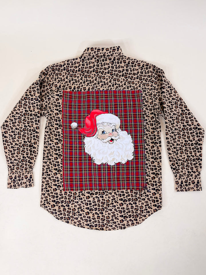 Prettiest In Prints Button Up Leopard Print Flannel Top with Red Plaid and Santa Icon