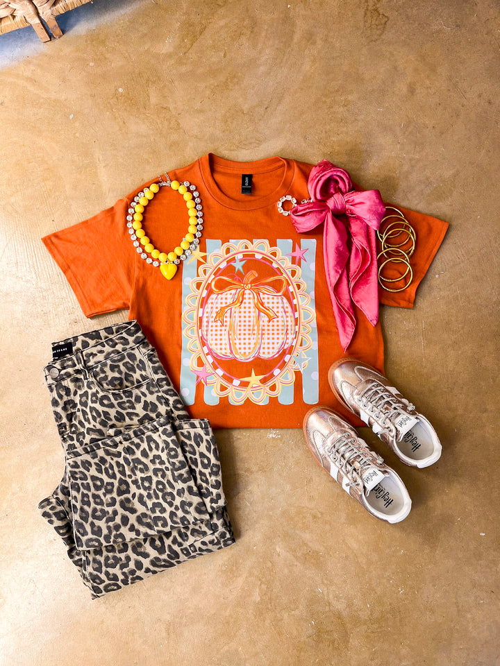 Sweet on the Season Gingham Pumpkin, Stripe and Polka Dot Design with Bow Detail Fall Graphic Tee in Rust Orange
