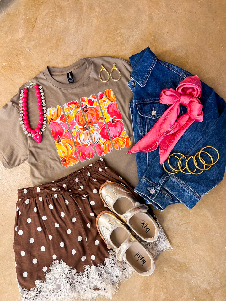 Art of the Season Painted Pumpkin and Floral Watercolor Stripes Fall Graphic Tee in Brown