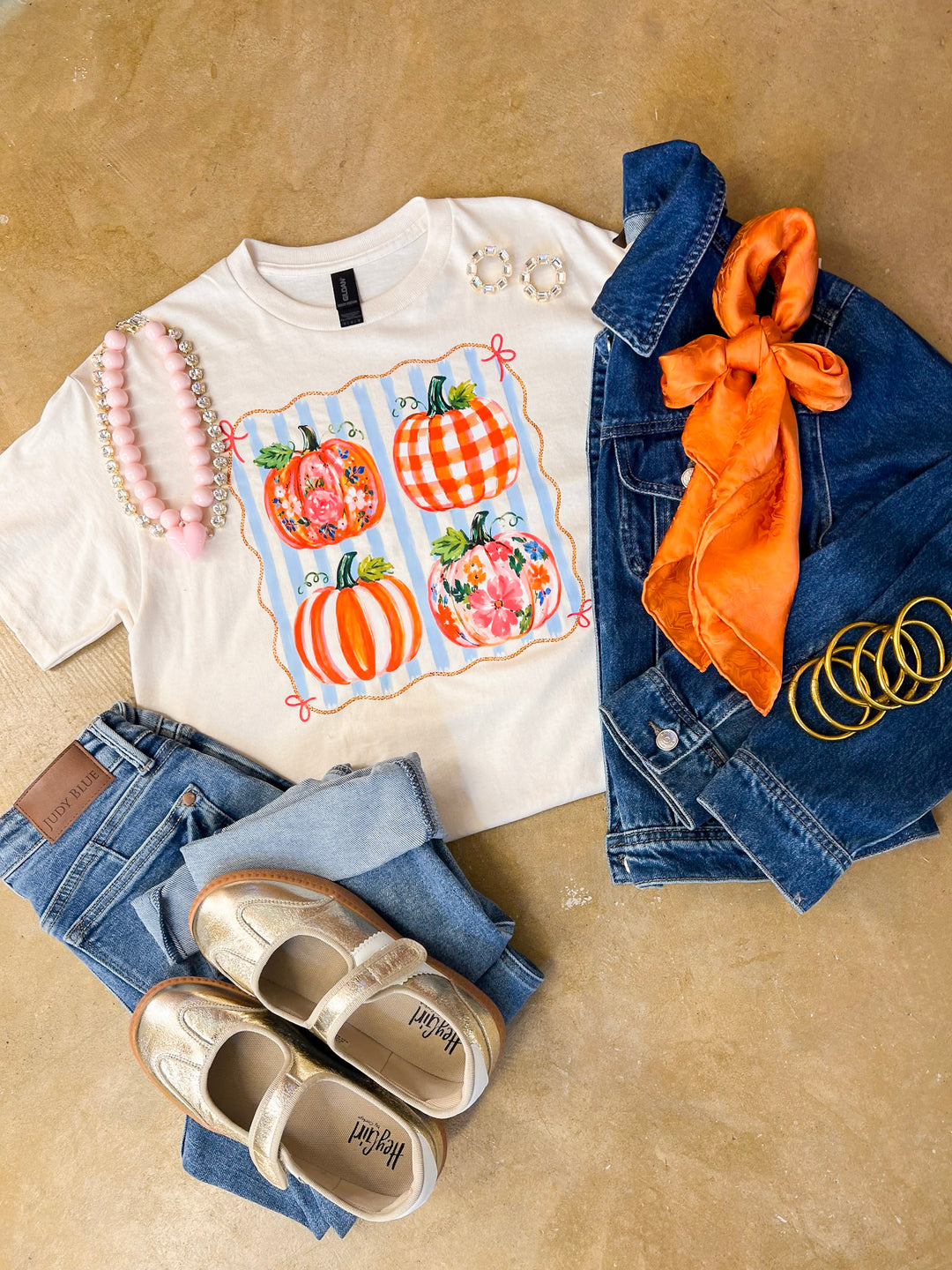 Prettiest in the Patch Stripe and Pumpkin Fall Graphic Tee in Natural
