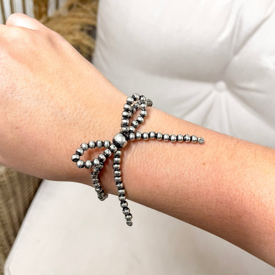 Tied with Charm Silver Beaded Bow Bracelet