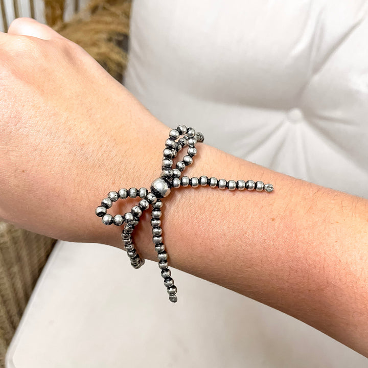 Tied with Charm Silver Beaded Bow Bracelet