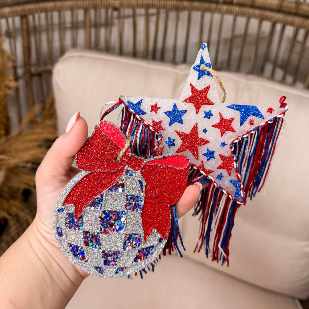 Disco Diva Delight Car Freshie with Red, White and Blue Glitter Bow in Americana