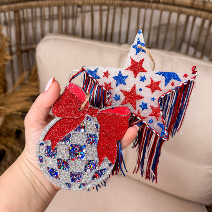 Disco Diva Delight Car Freshie with Red, White and Blue Glitter Bow in Americana