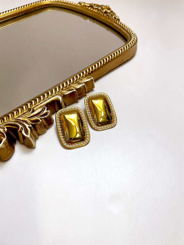 CHANSUTT PEARLS | Callista Rectangle Statement Stud Earrings with Pearl Trim in Gold