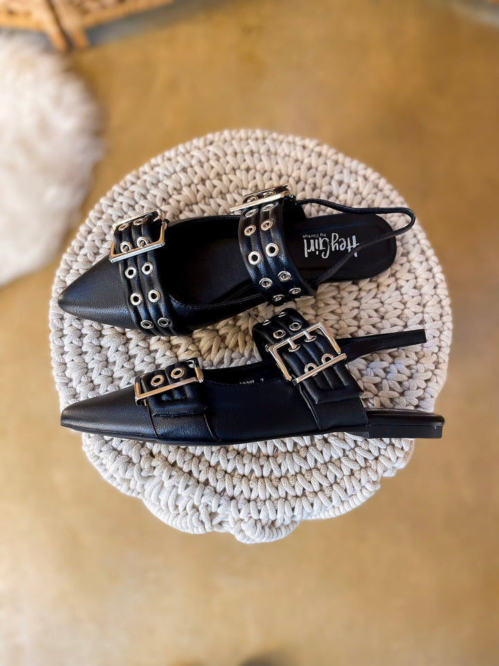 Corky's | On the Prowl Pointed Toe Buckle Slingback Mule Flat Sandal in Black